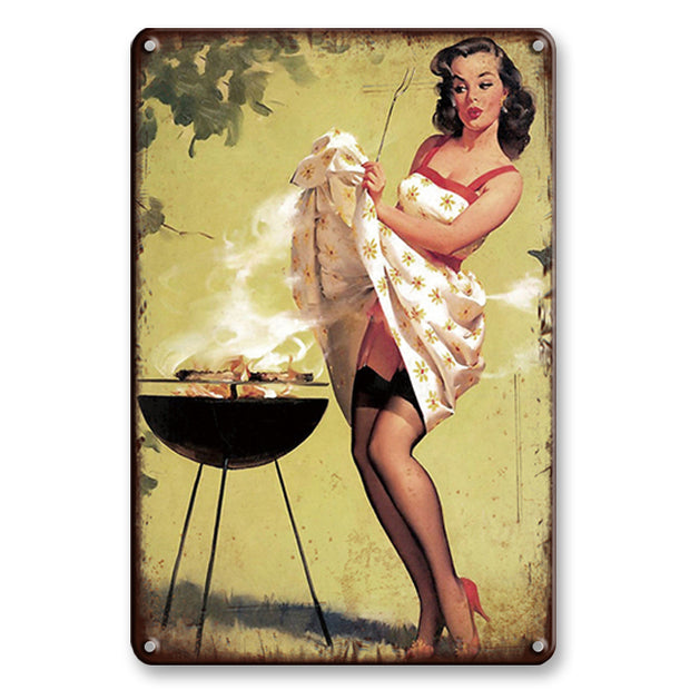 Plaque Métal Vintage Pin-Up Barbecue